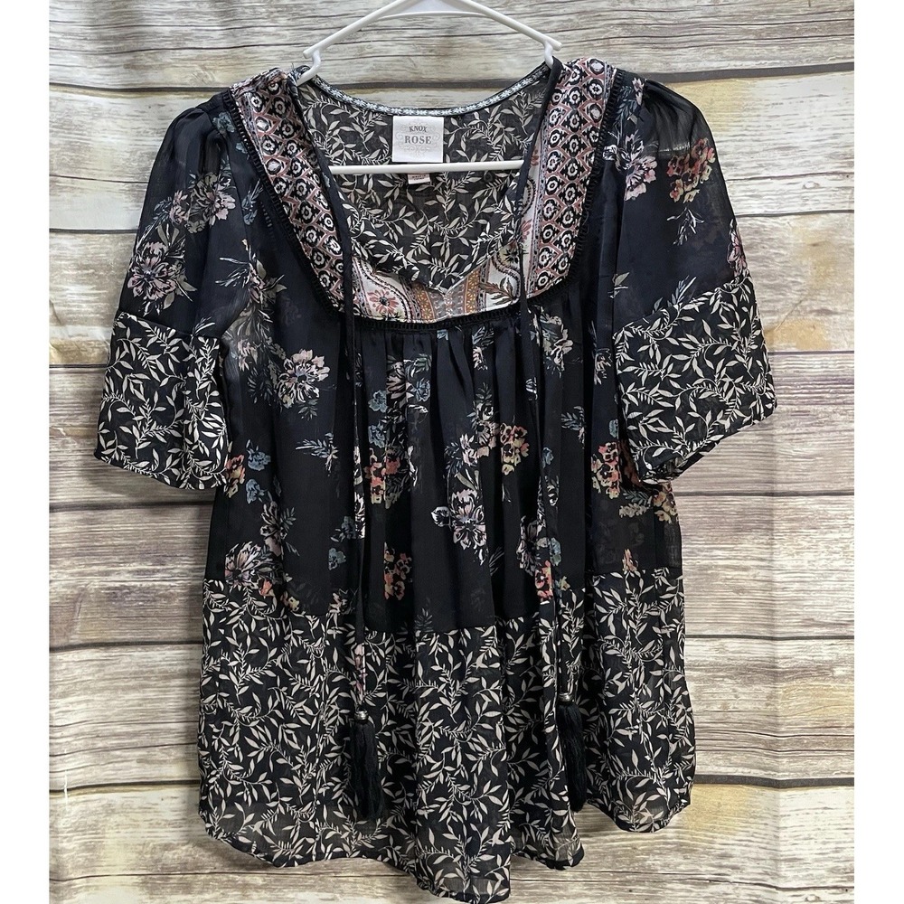 Knox Rose Black Boho Floral Print Sheer Blouse Women's‎ XS Peasant Festivals